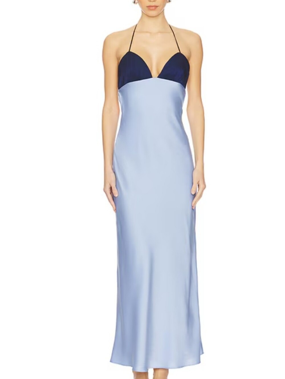 Halter Satin Slip Dress in Light Blue with Navy Bust